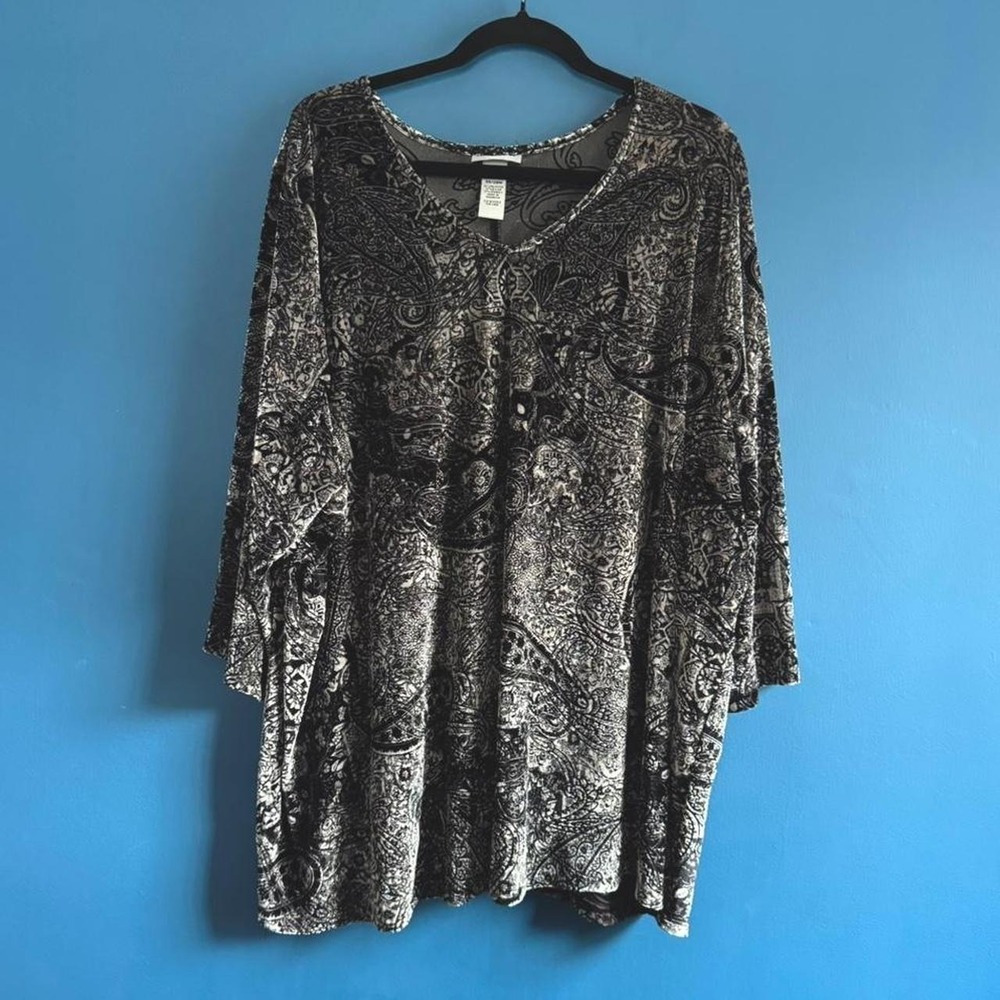 Y2K Velvet Blouse Women's Plus Size 3X Gray Black Paisley Catherines Witchy Boho